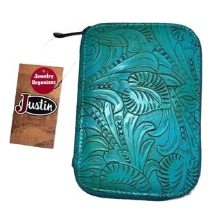 Justin Western Tooled Turquoise Leather 
Jewelry Organizer Wallet NWT